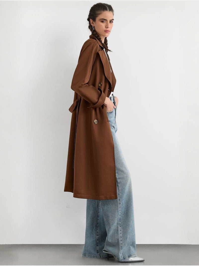 Trench coat lungo doppiopetto con cintura hiccup Marrone - Kiabi