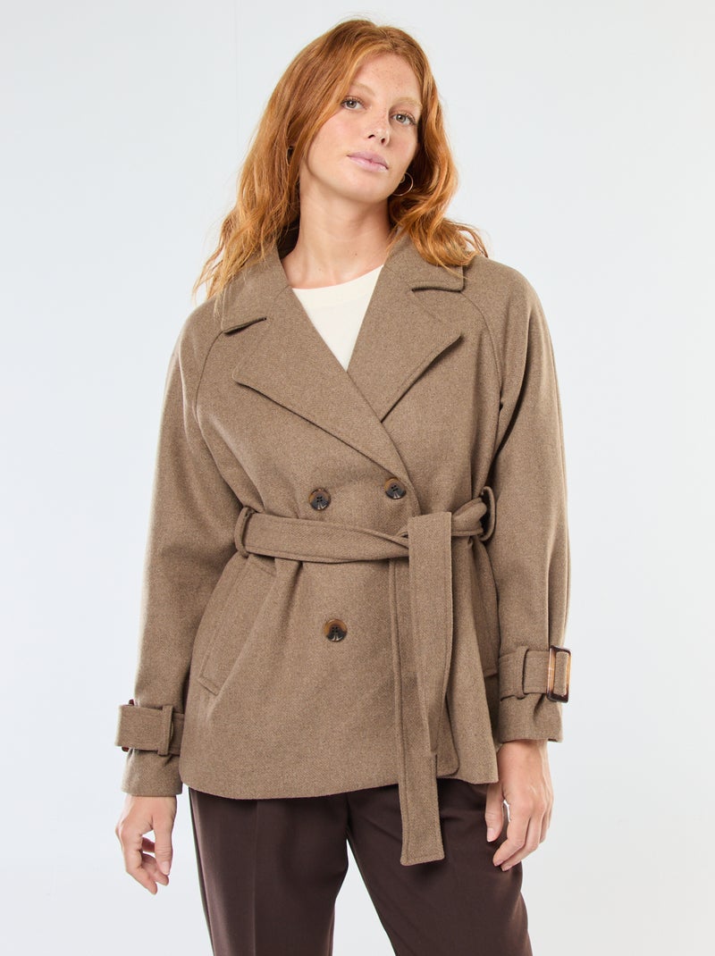 Trench effetto lana con cintura in vita Beige - Kiabi
