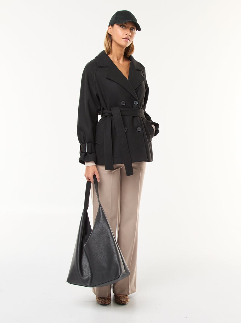 Trench effetto lana con cintura in vita Nero - Kiabi