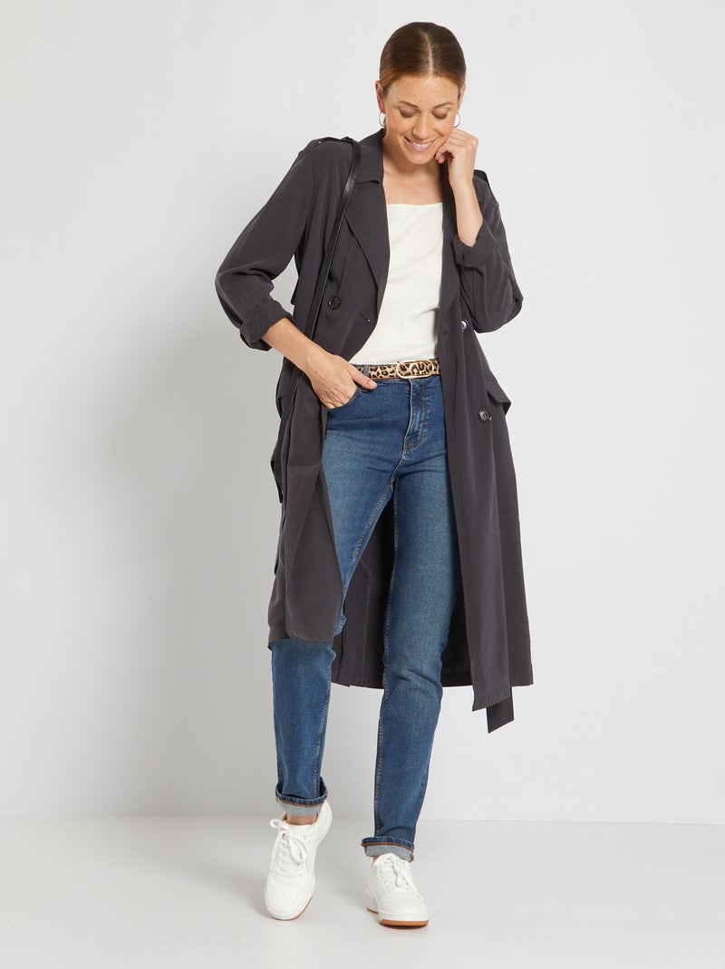 Trench lungo morbido con cintura grigio scuro - Kiabi