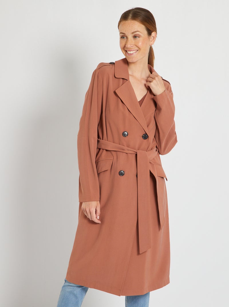 Trench lungo morbido con cintura MARRONE - Kiabi