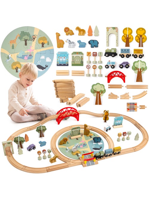 Trenino in legno bambini 106x55cm zoo safari puzzle binari mamabrum - Kiabi