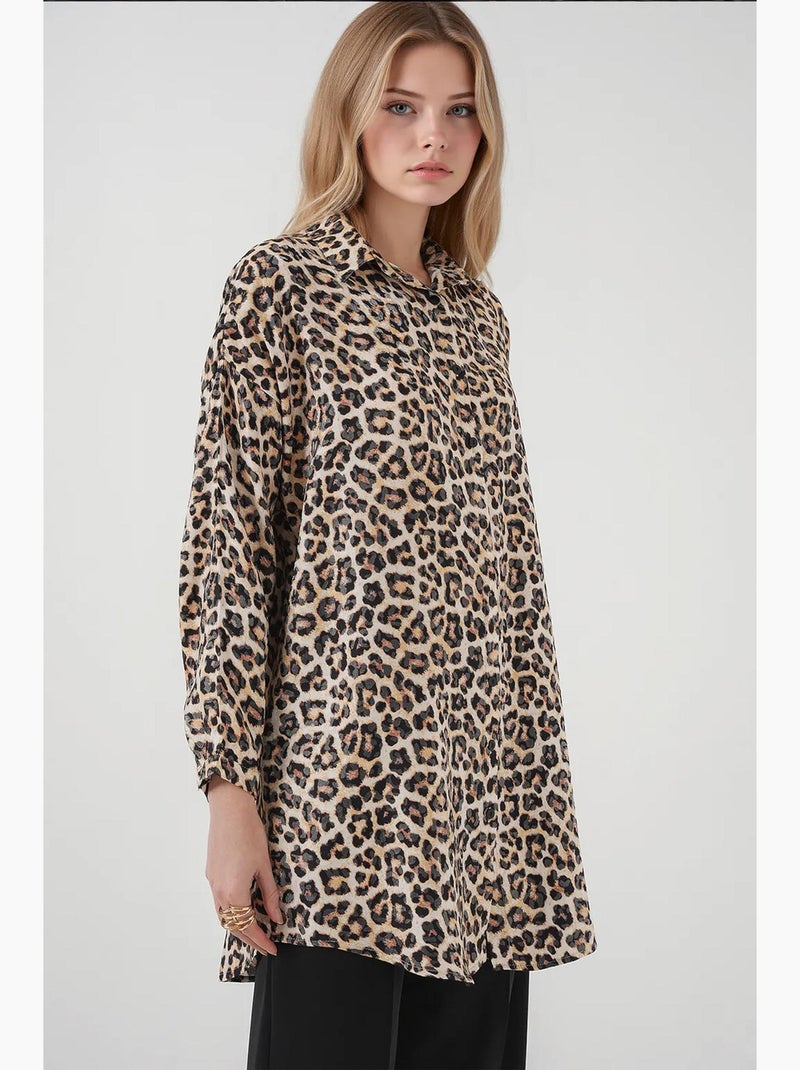 Tunicona lunga con stampa leopardata e bottoni bdart Beige argilla - Kiabi
