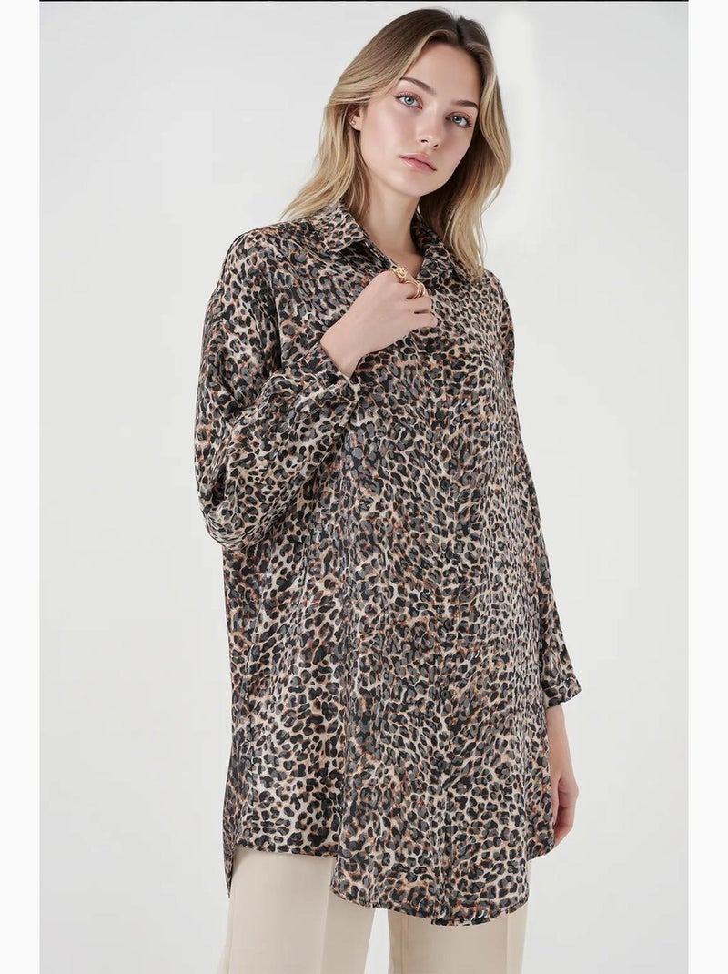 Tunicona lunga con stampa leopardata e bottoni bdart Marrone scuro - Kiabi