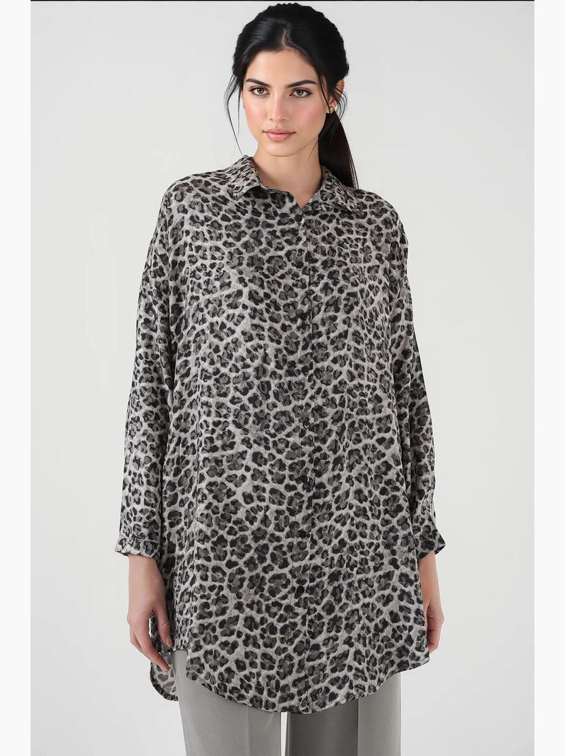 Tunicona lunga con stampa leopardata e bottoni bdart Nero - Kiabi
