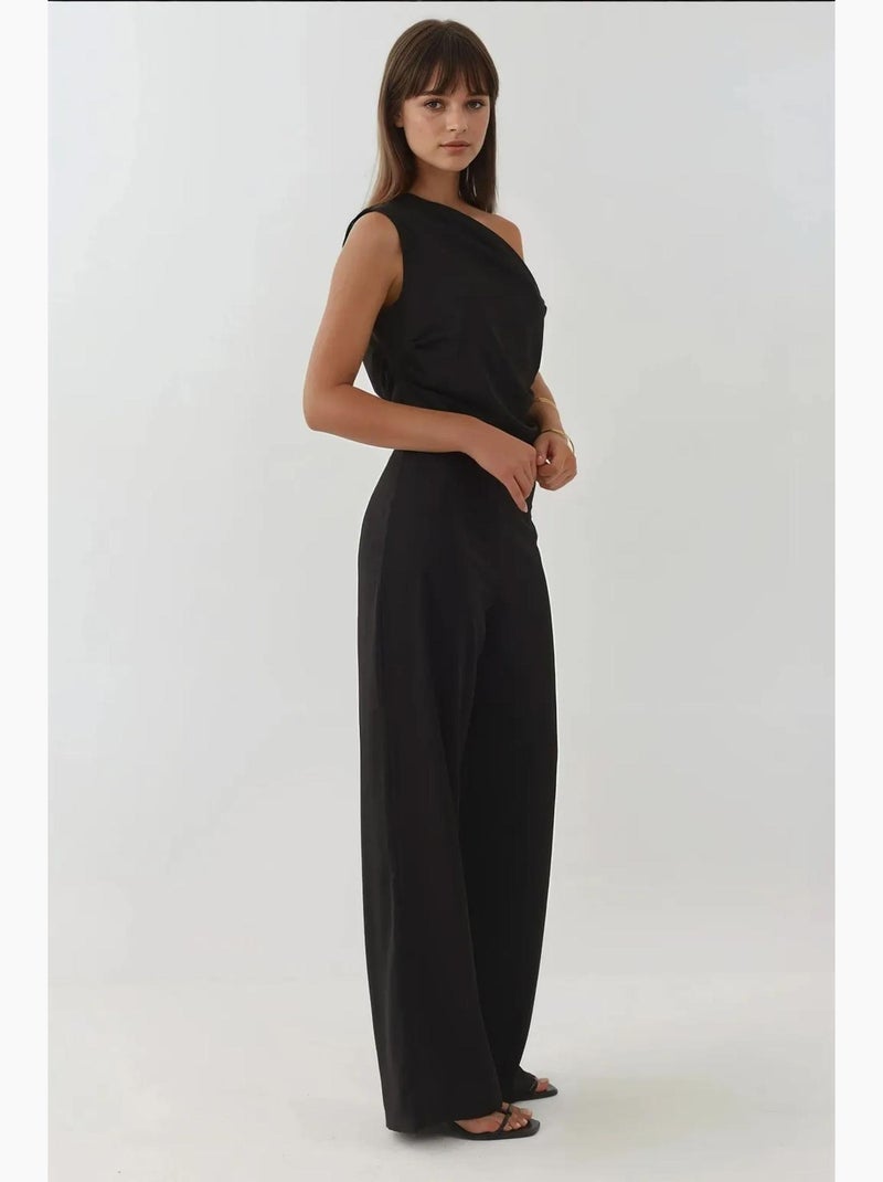Tuta con gamba ampia e colletto asimmetrico hiccup Nero - Kiabi
