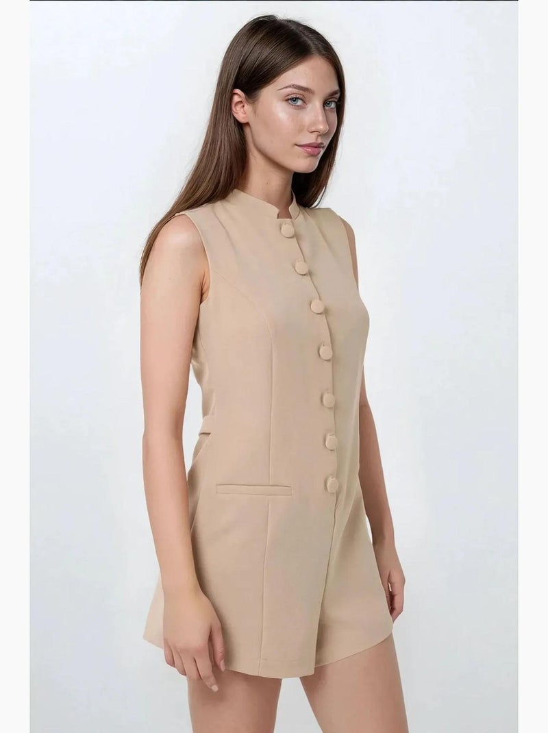 Tuta corta con scollo rotondo e bottoni hiccup Beige argilla - Kiabi