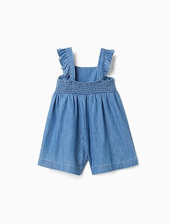 Tuta corta in denim a gamba larga con spalline arricciate