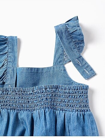 Tuta corta in denim a gamba larga con spalline arricciate