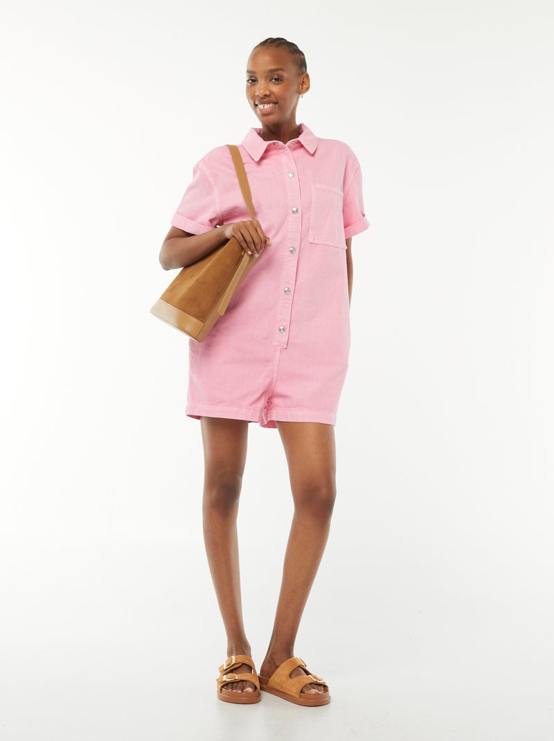 Tuta corta in denim con bottoni a pressione rosa - Kiabi