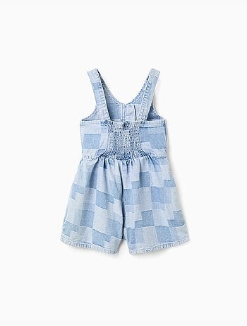 Tuta corta in denim con motivo a quadri e volant