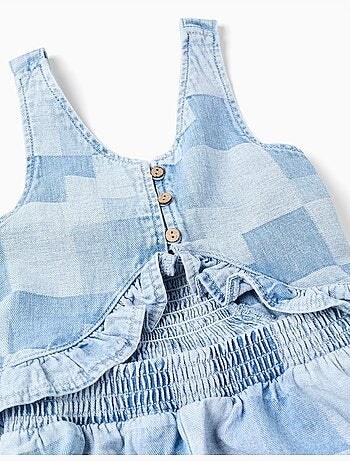 Tuta corta in denim con motivo a quadri e volant