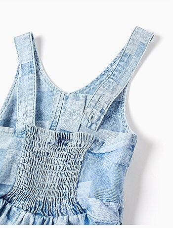Tuta corta in denim con motivo a quadri e volant