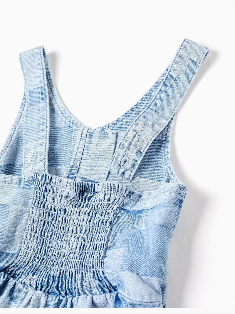Tuta corta in denim con motivo a quadri e volant Blu chiaro - Kiabi