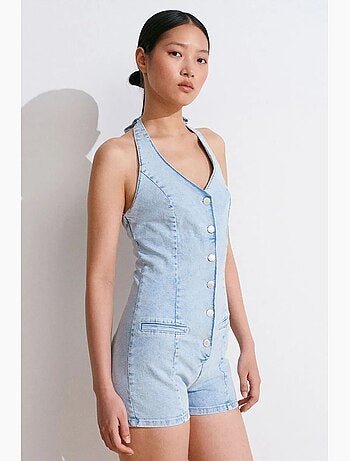 Tuta corta in denim con scollo all’americana slim fit dilvin