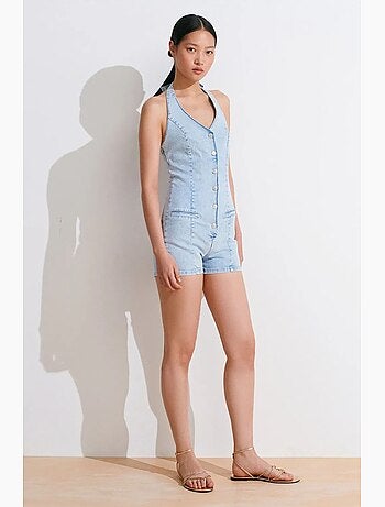 Tuta corta in denim con scollo all’americana slim fit dilvin