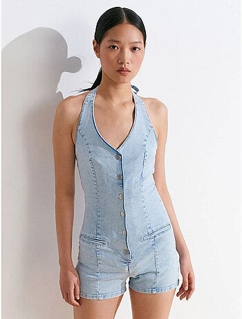 Tuta corta in denim con scollo all’americana slim fit dilvin