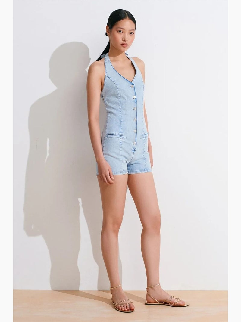 Tuta corta in denim con scollo all’americana slim fit dilvin Blu chiaro - Kiabi
