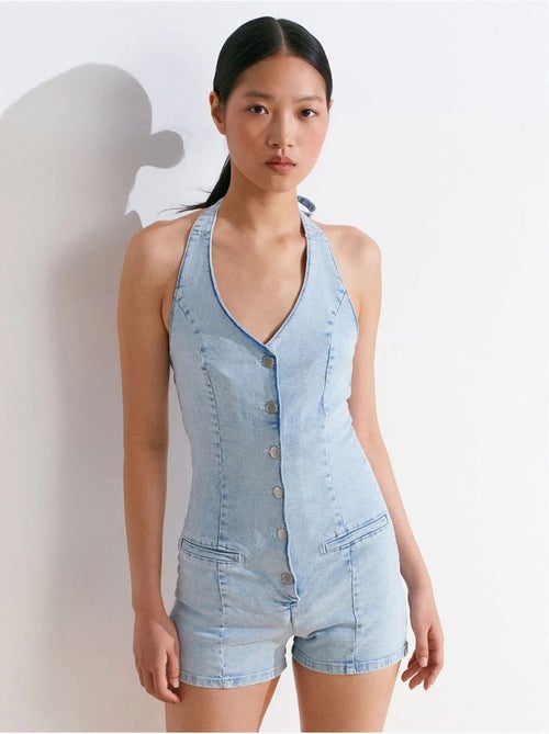 Tuta corta in denim con scollo all’americana slim fit dilvin - Kiabi Tuta corta in denim con scollo all’americana slim fit dilvin - Kiabi