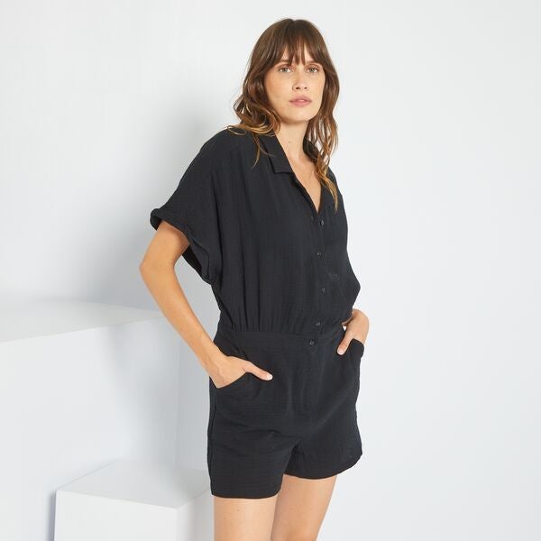 Tuta corta in garza di cotone con collo a camicia - nero - Kiabi - 20,00€