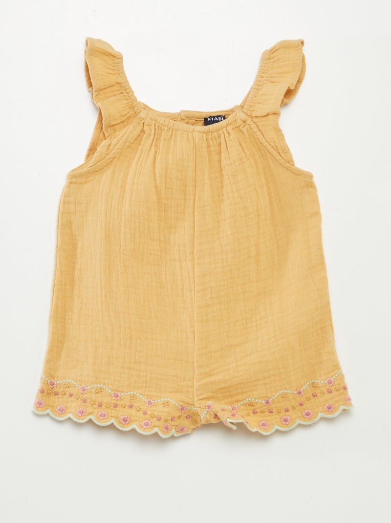 Tuta corta in garza di cotone con ricami BEIGE - Kiabi