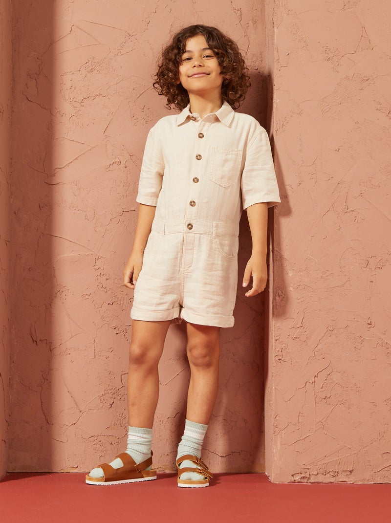 Tuta corta in misto lino a maniche corte - Unisex BEIGE - Kiabi