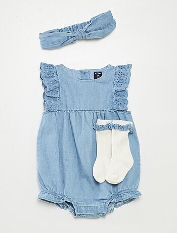 Tuta in denim con calzini e fascia coordinata - 3 pezzi