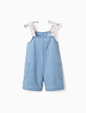 Tuta in denim senza maniche con spalline floreali