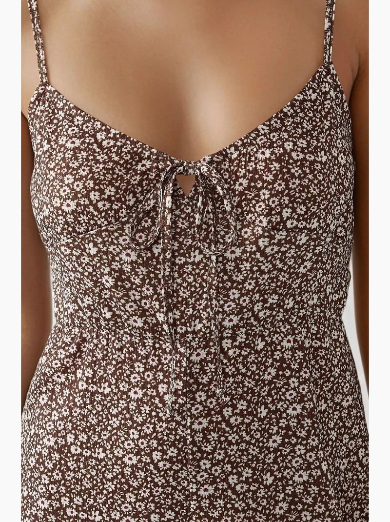 Tuta jumpsuit in maglia floreale a gamba larga con scollo a v hiccup Marrone chiaro - Kiabi