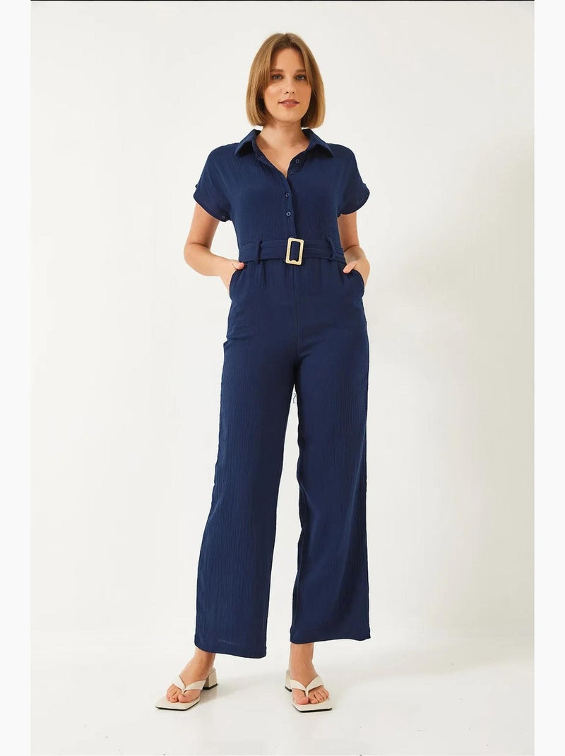 Tuta lunga in popeline con colletto a camicia e chiusura con bottoni lucci Blu marino - Kiabi