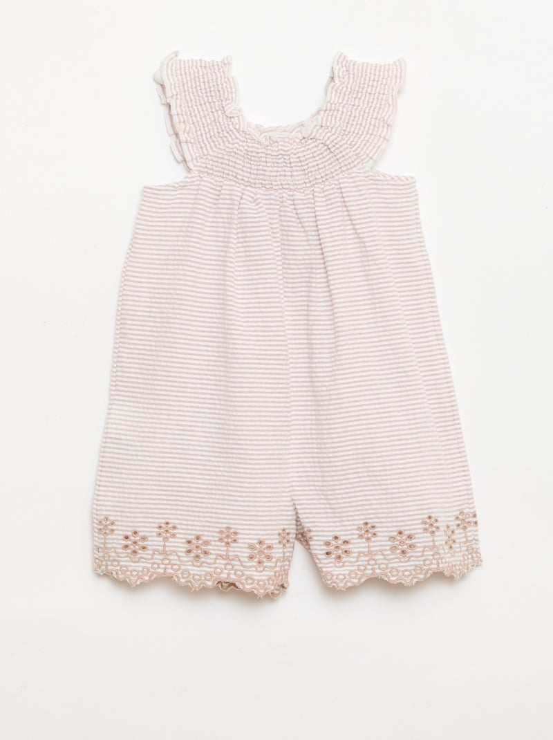 Tutina corta a righe in seersucker con smock e ricami Beige - Kiabi