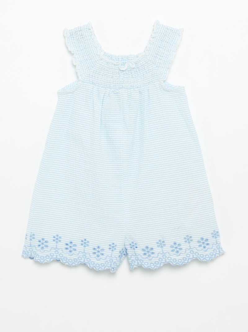 Tutina corta a righe in seersucker con smock e ricami Blu - Kiabi