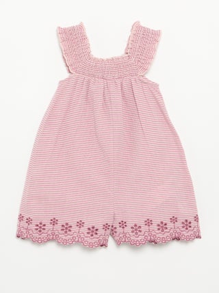 Tutina corta a righe in seersucker con smock e ricami