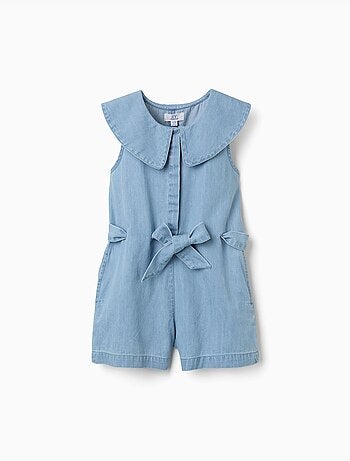Tutina corta in denim senza maniche con cintura