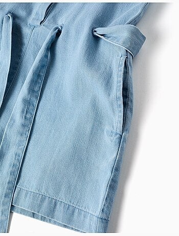 Tutina corta in denim senza maniche con cintura
