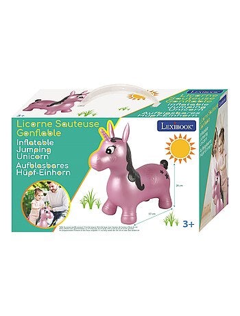 Unicorno salterino gonfiabile con tuta di peluche