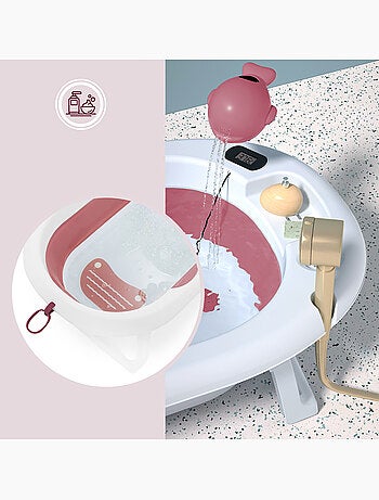 Vasca da bagno pieghevole neonato con termometro LCD e riduttore, rosa cipria
