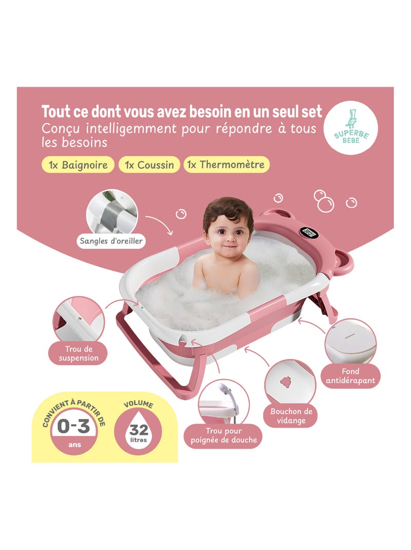 Vaschetta da bagno pieghevole - Termometro e cuscino inclusi - BEAR | SUPERBE BEBE Rosa - Kiabi