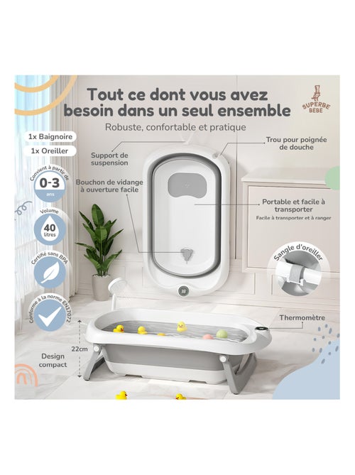 Vaschetta da bagno pieghevole per neonati - Termometro e cuscino inclusi | SUPERBE BEBE - Kiabi