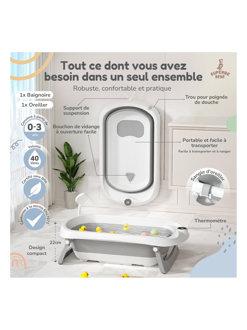 Vaschetta da bagno pieghevole per neonati - Termometro e cuscino inclusi | SUPERBE BEBE Bianco Grigio - Kiabi