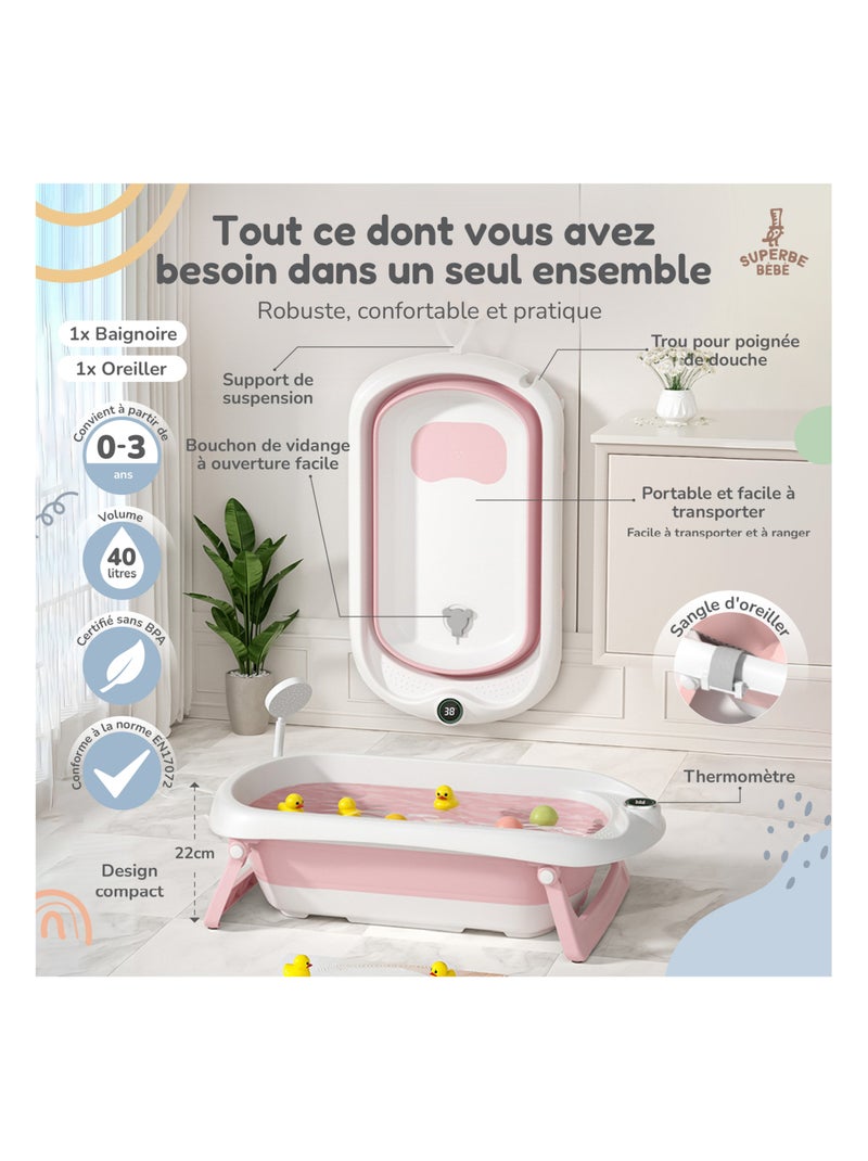 Vaschetta da bagno pieghevole per neonati - Termometro e cuscino inclusi | SUPERBE BEBE Bianco Rosa - Kiabi