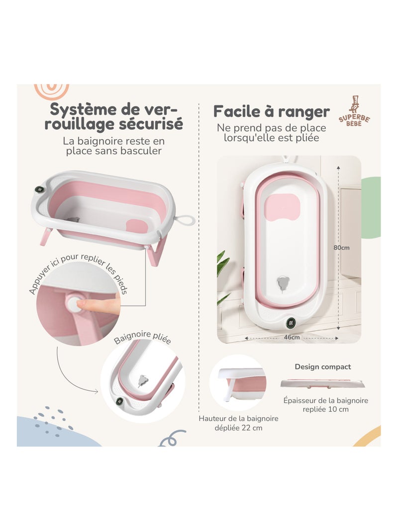 Vaschetta da bagno pieghevole per neonati - Termometro e cuscino inclusi | SUPERBE BEBE Bianco Rosa - Kiabi