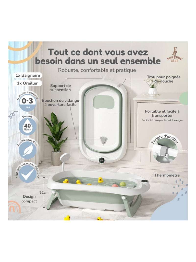 Vaschetta da bagno pieghevole per neonati - Termometro e cuscino inclusi | SUPERBE BEBE Bianco Verde - Kiabi