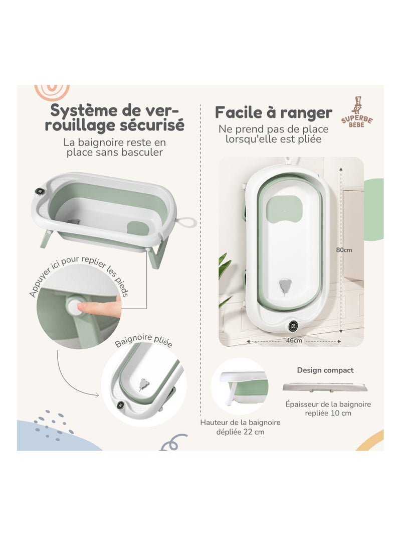 Vaschetta da bagno pieghevole per neonati - Termometro e cuscino inclusi | SUPERBE BEBE Bianco Verde - Kiabi