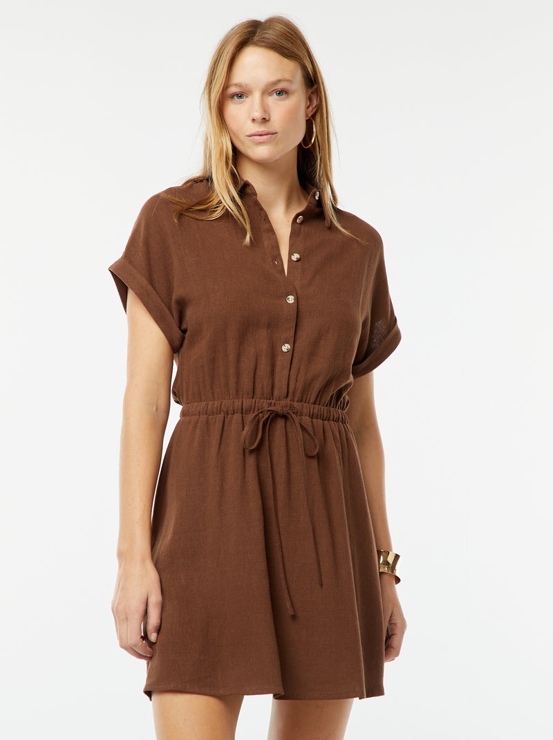 Vestito chemisier a maniche corte in misto lino Marrone - Kiabi