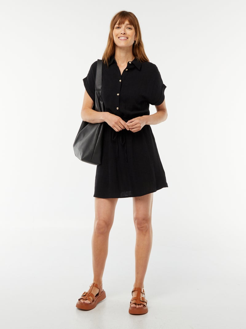 Vestito chemisier a maniche corte in misto lino nero - Kiabi
