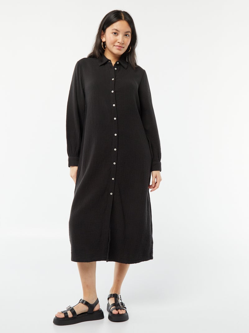 Vestito chemisier lungo in doppia garza di cotone nero - Kiabi