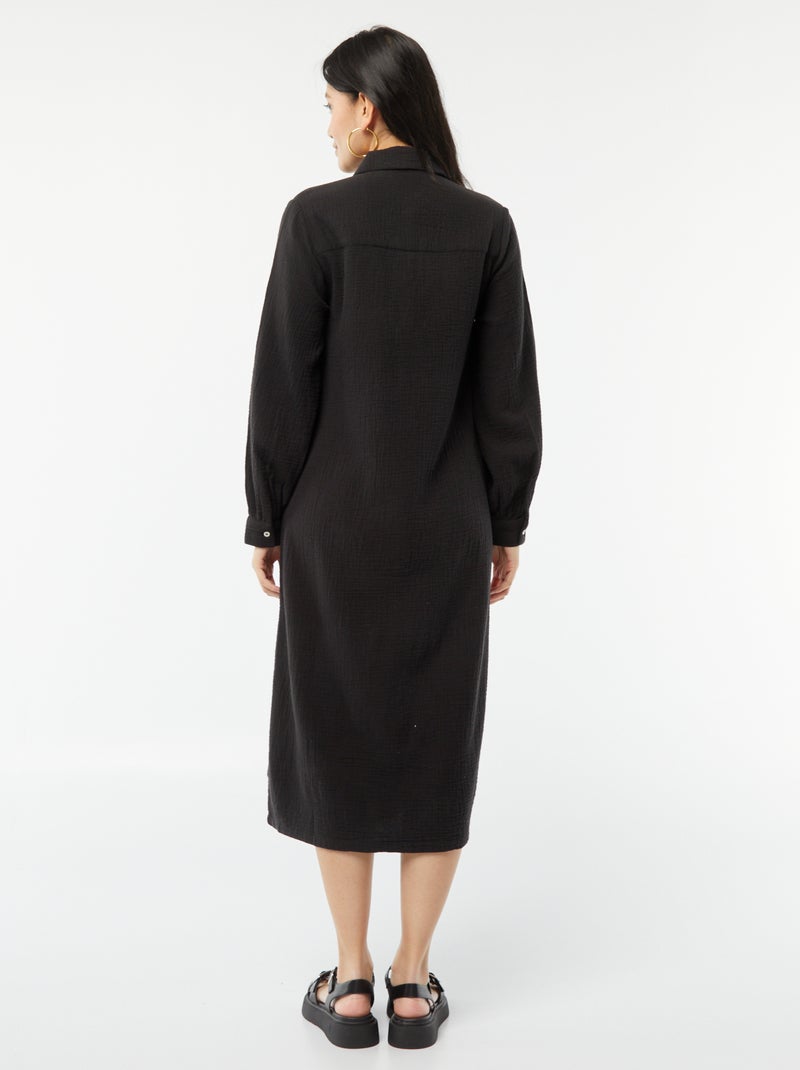 Vestito chemisier lungo in doppia garza di cotone nero - Kiabi