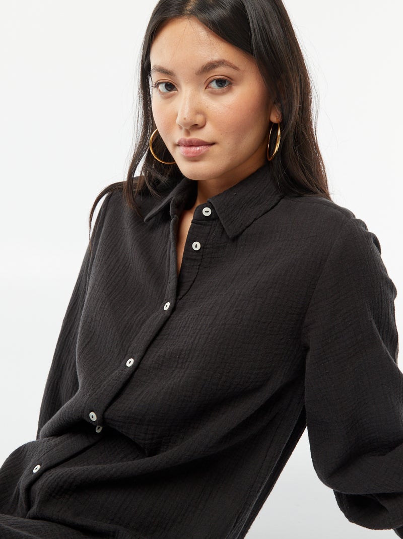 Vestito chemisier lungo in doppia garza di cotone nero - Kiabi