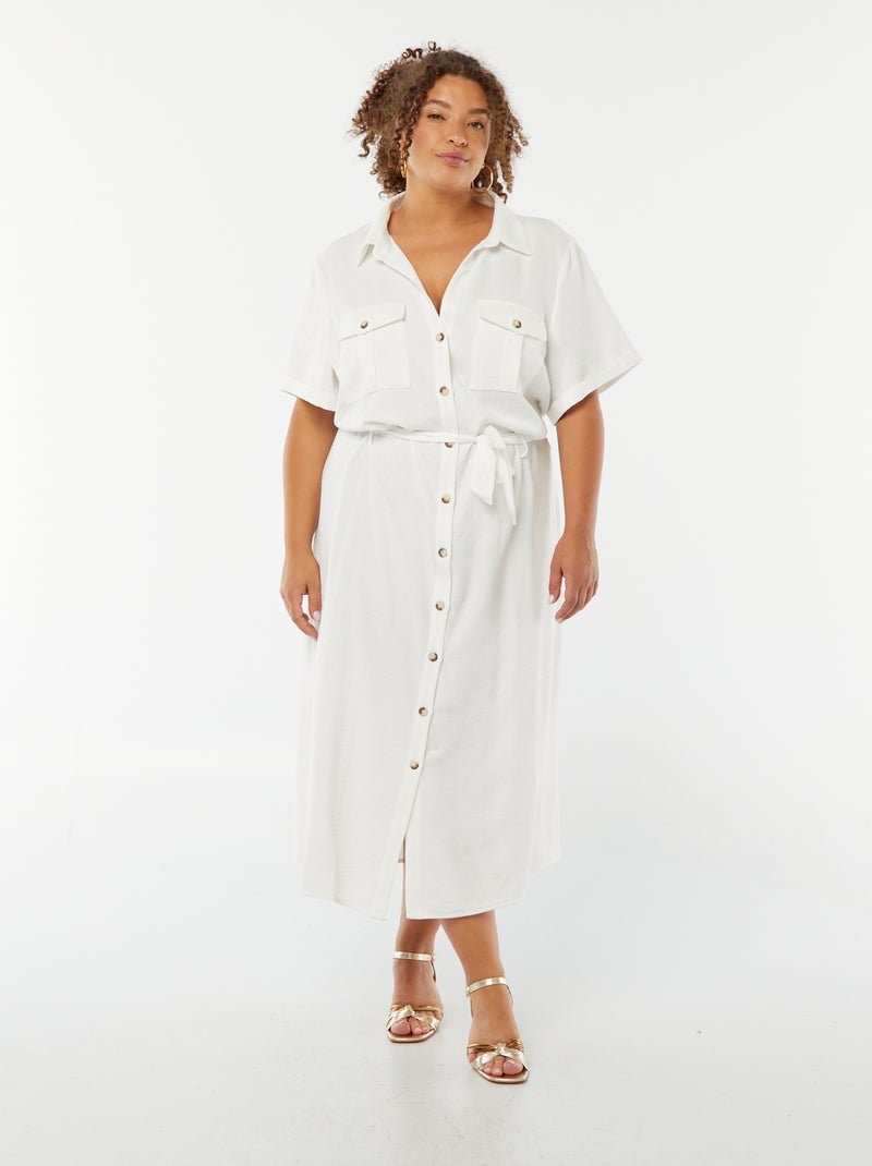 Vestito chemisier taglio midi con maniche corte e cintura bianco - Kiabi